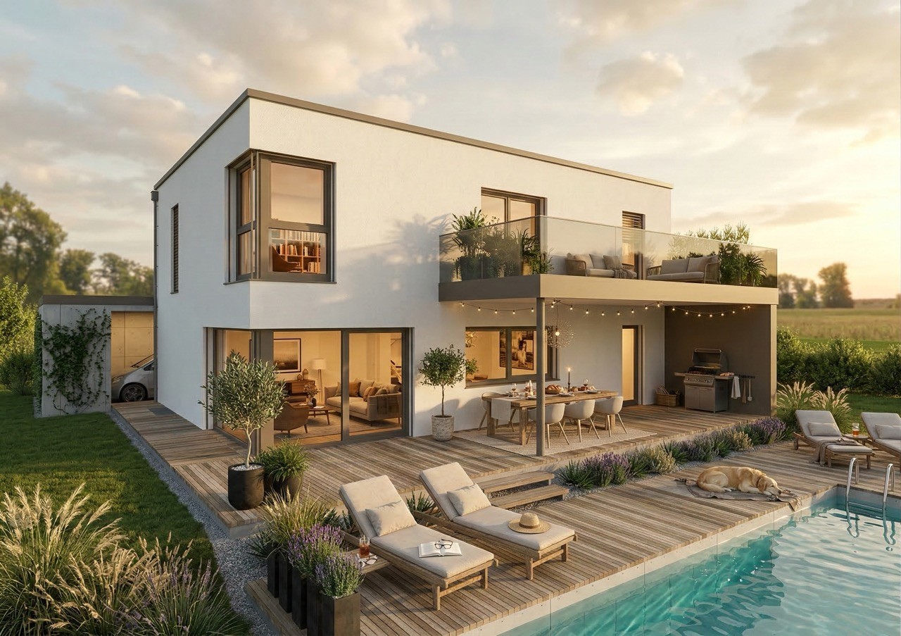 3D Visualisierung modernes Kubus-Haus